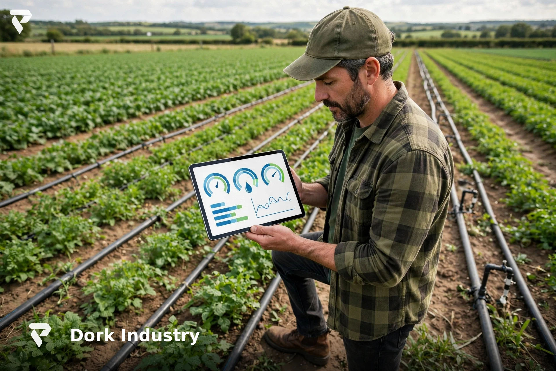 Farm owner reviewing soil-moisture data on a tablet — IoT development dashboard