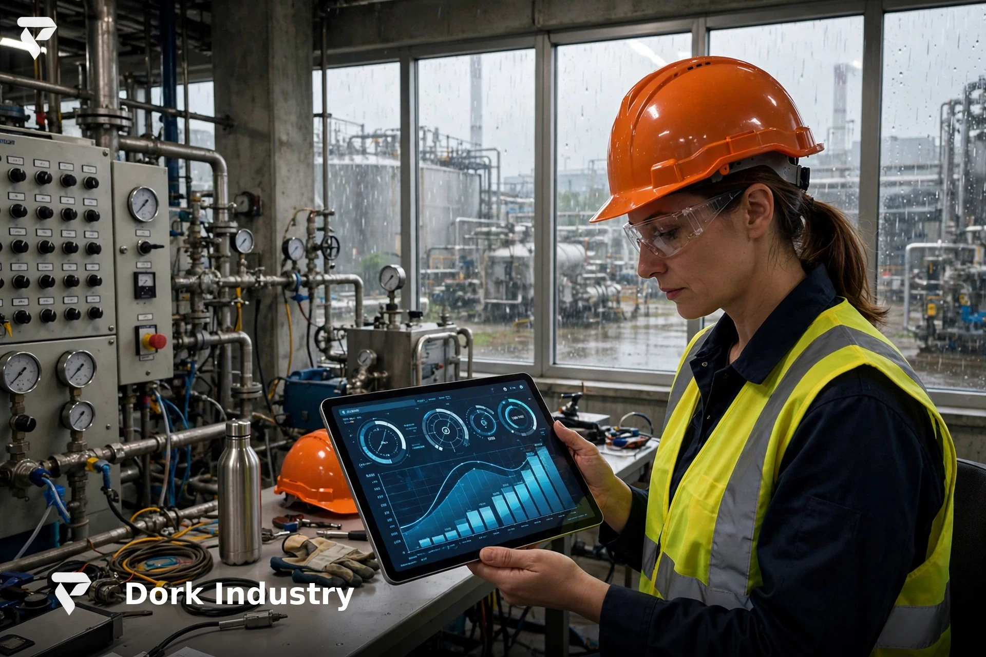 Plant engineer reviewing an industrial IoT water-level sensor dashboard in a factory control room while monsoon rain falls outside