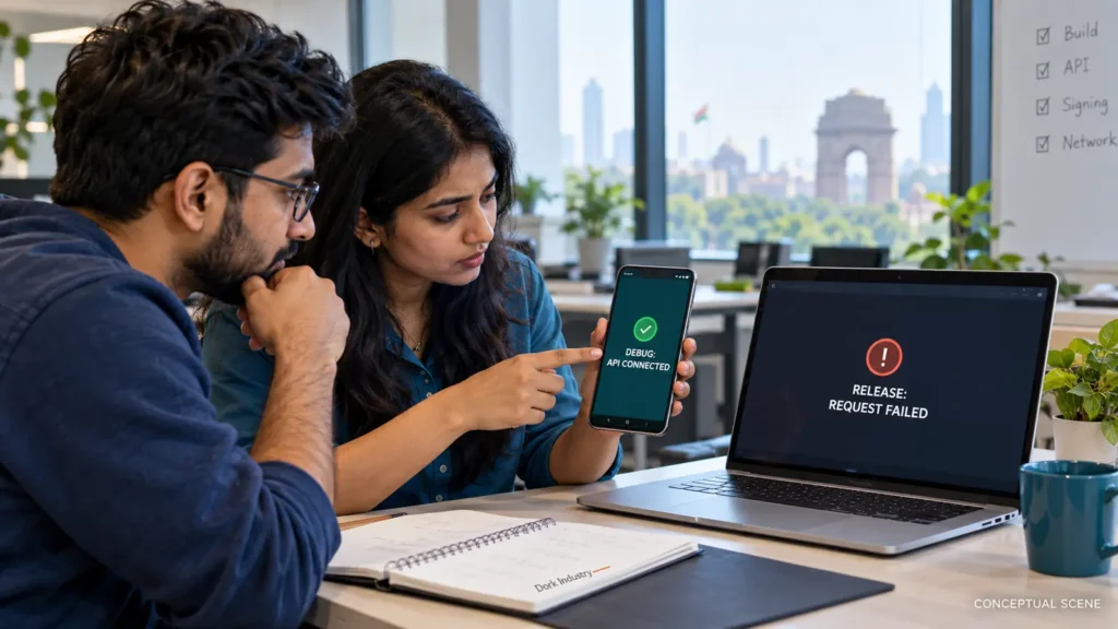 Conceptual Delhi mobile team comparing a working Flutter debug API call with a failed release request