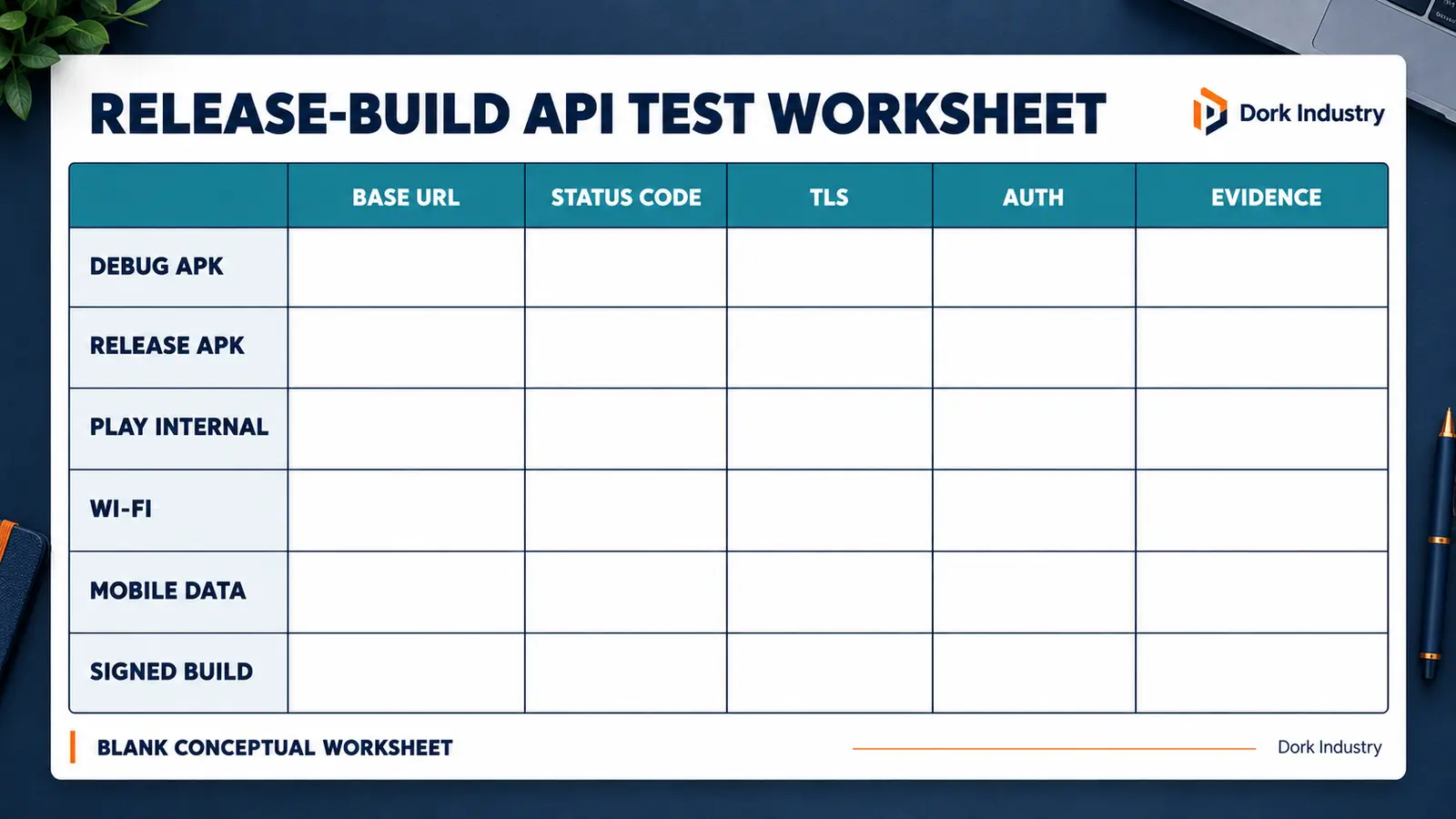 Blank conceptual worksheet for testing a Flutter API across debug, release, network and signing conditions