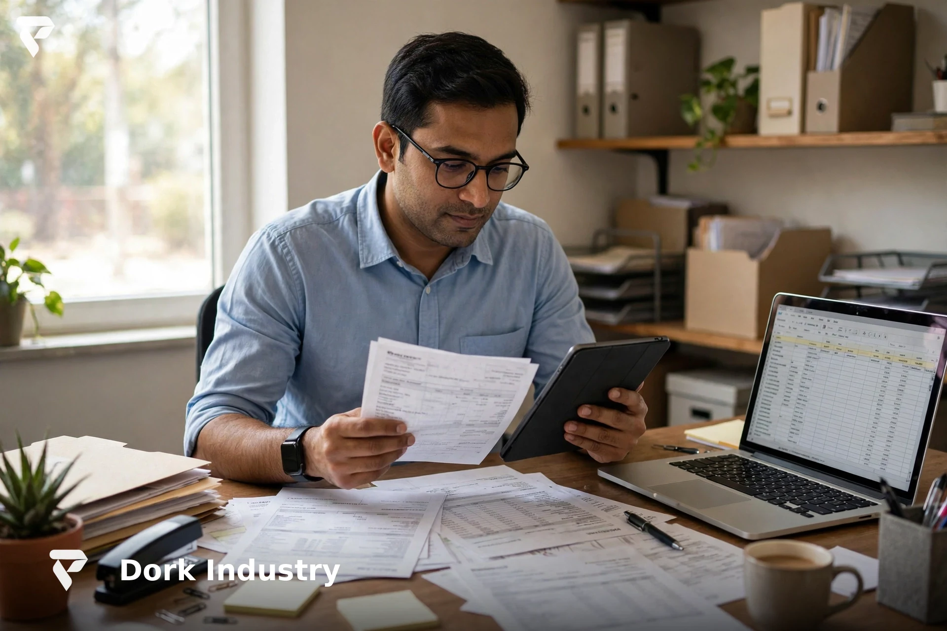 Accountant reviewing vendor invoices with a tablet and laptop — AI automation GST reconciliation