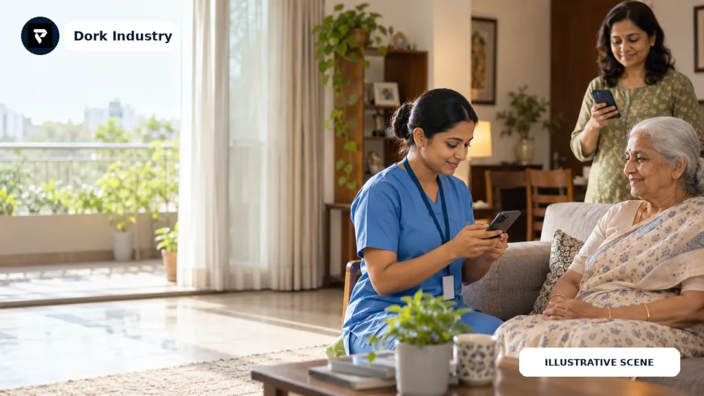 Home healthcare caregiver checking into a visit with a mobile app