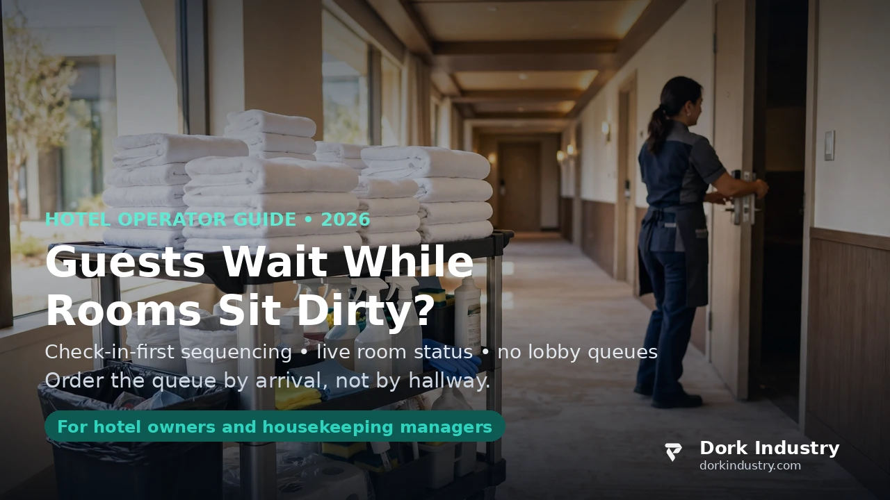 Photo-background report cover: AI automation reorders the hotel housekeeping queue by check-in time