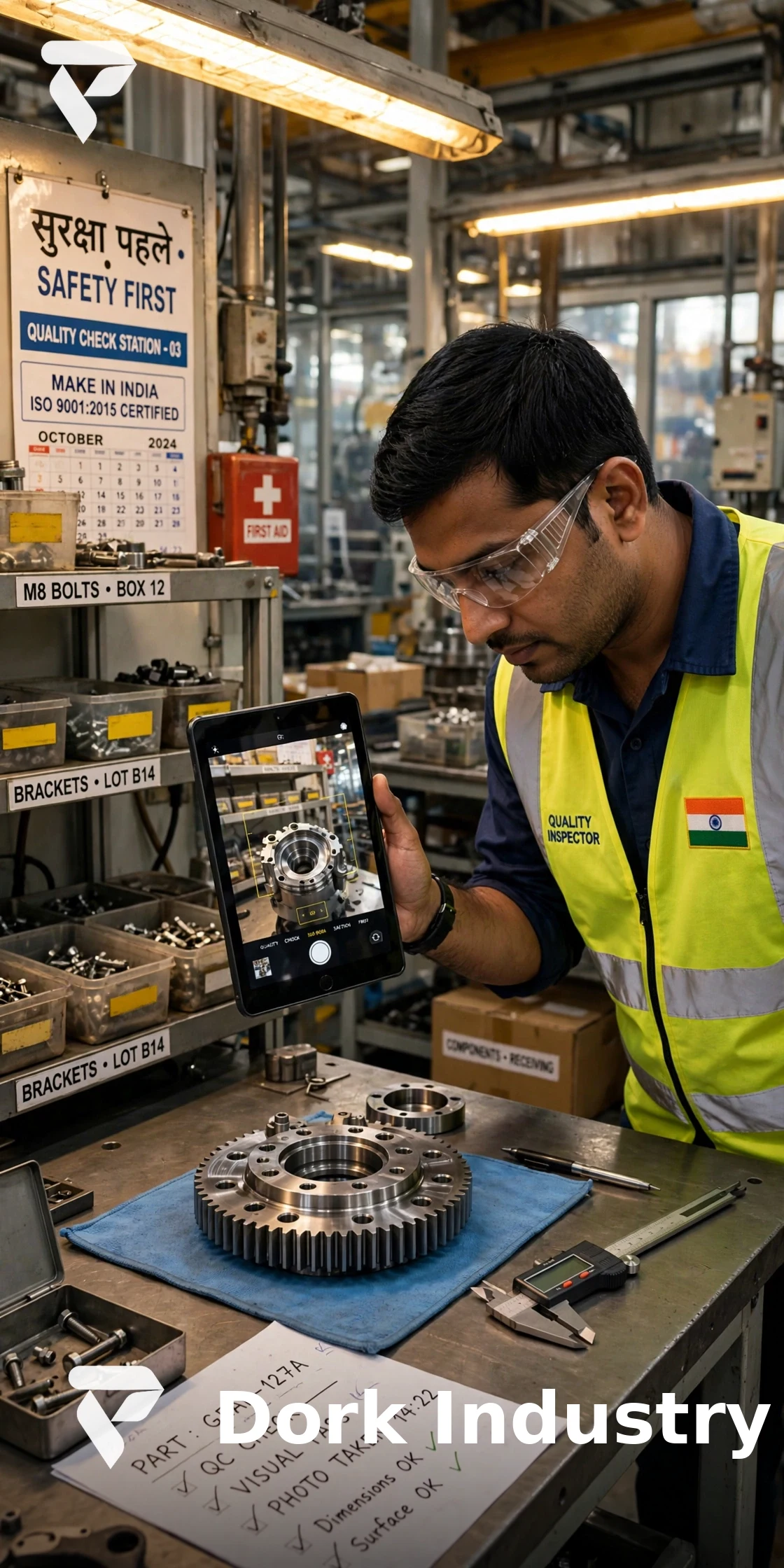 Quality inspector using AI development to photograph a part and build a defect record on the factory floor