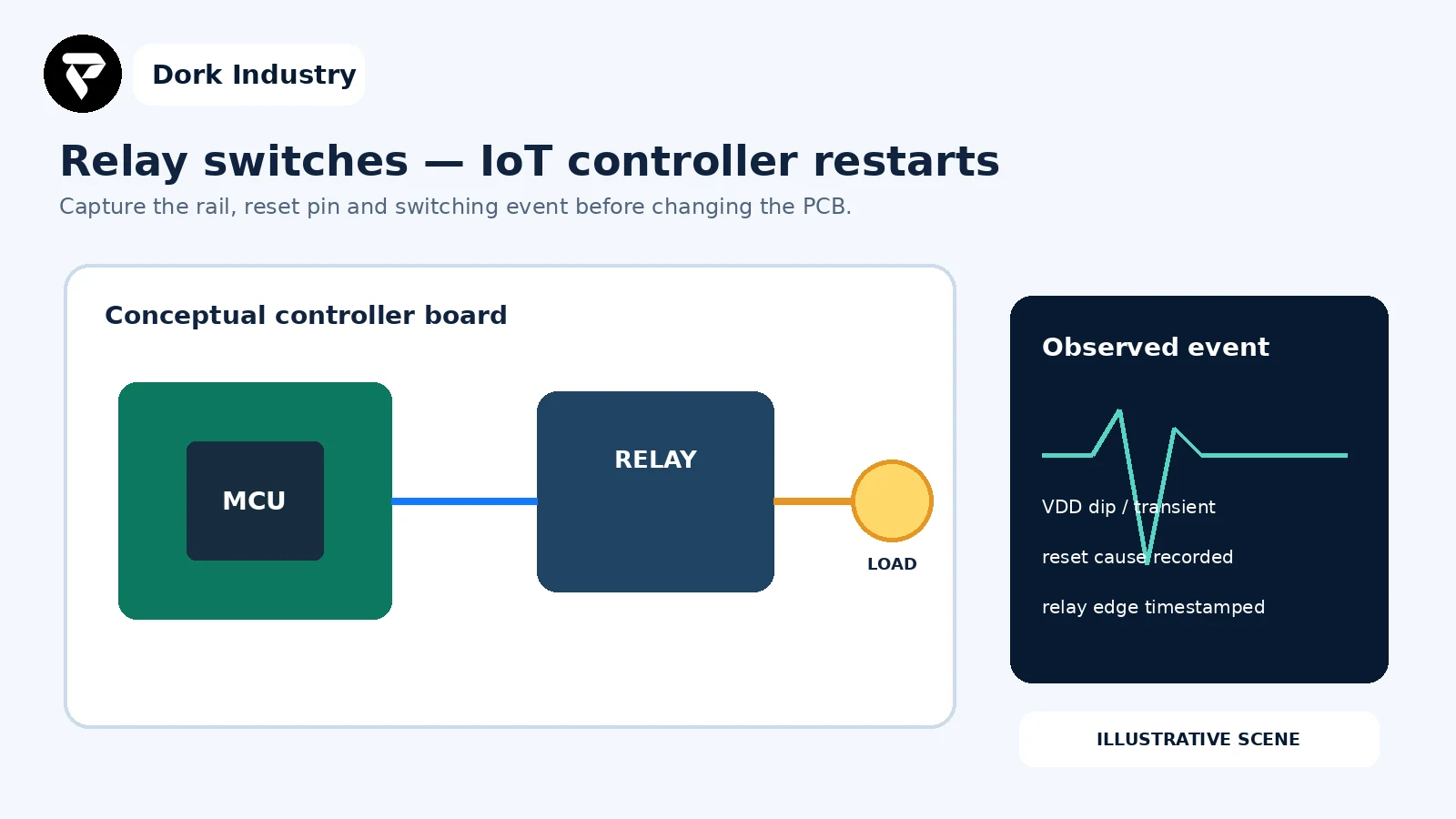 Illustrative IoT controller reset when a relay switches a load