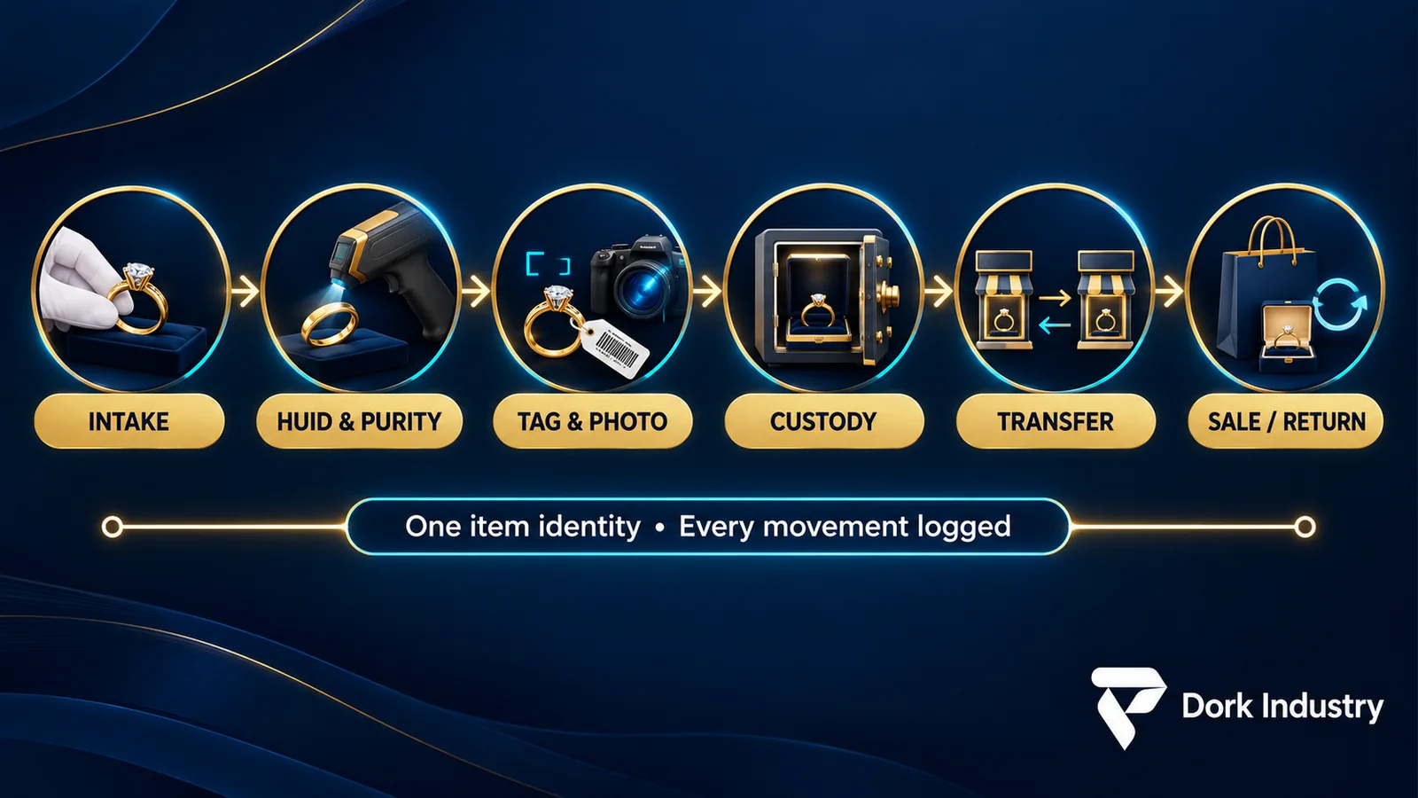 Jewellery inventory chain of custody from intake and HUID verification through tagging, custody, transfer and sale or return