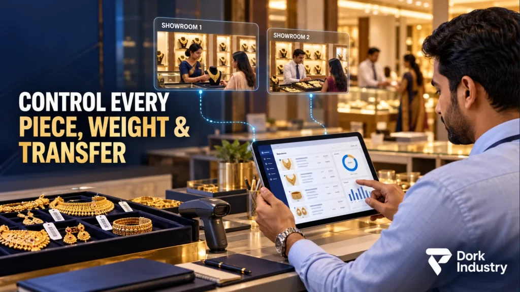 Jewellery inventory management software connecting two Indian jewellery showrooms with item-level stock visibility