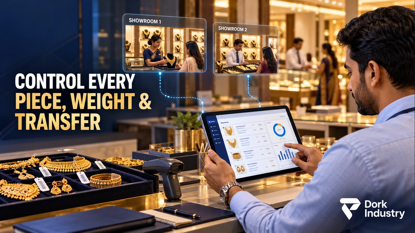 Jewellery inventory management software connecting two Indian jewellery showrooms with item-level stock visibility