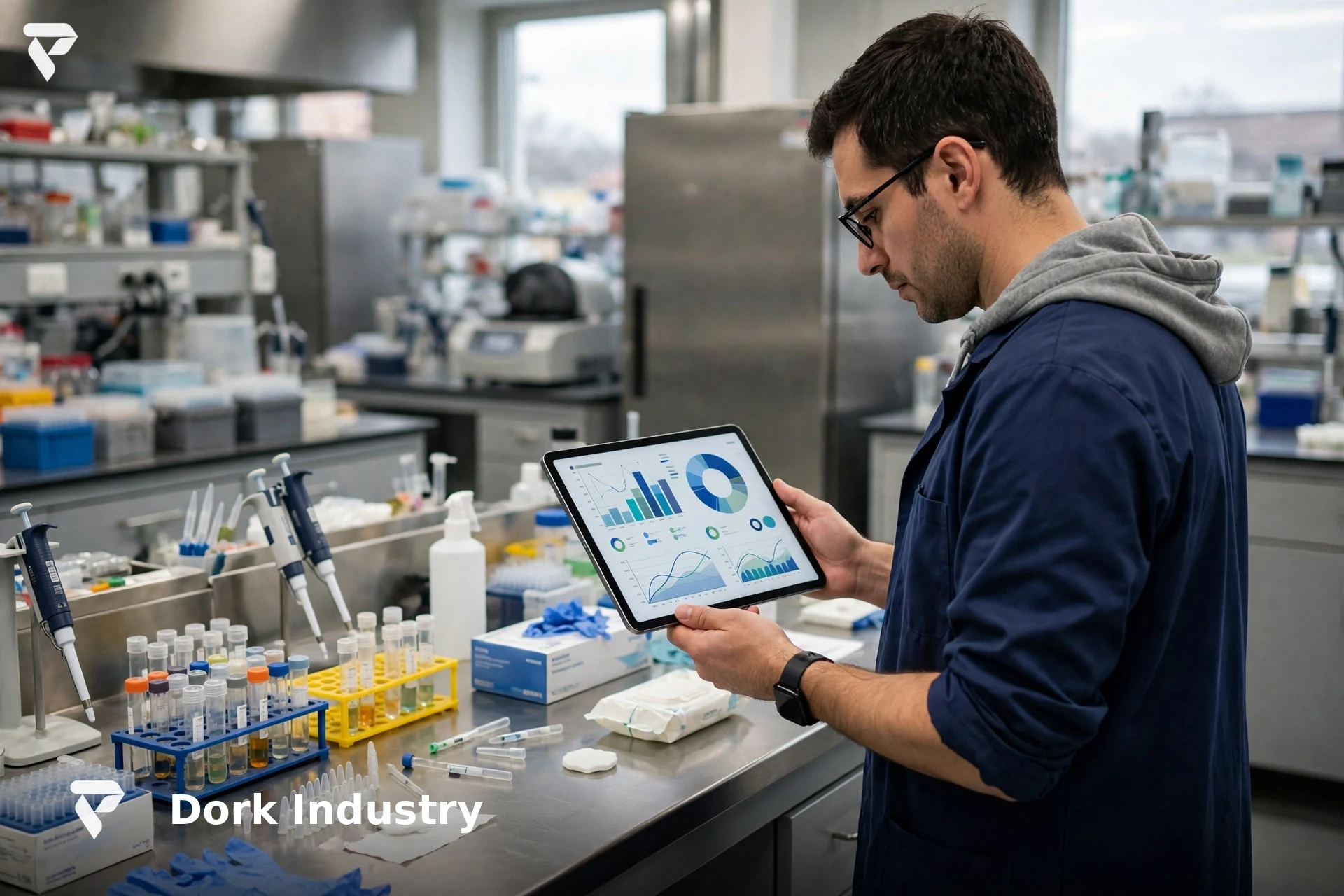 Diagnostic lab manager checking sample tracking on a tablet — iot development