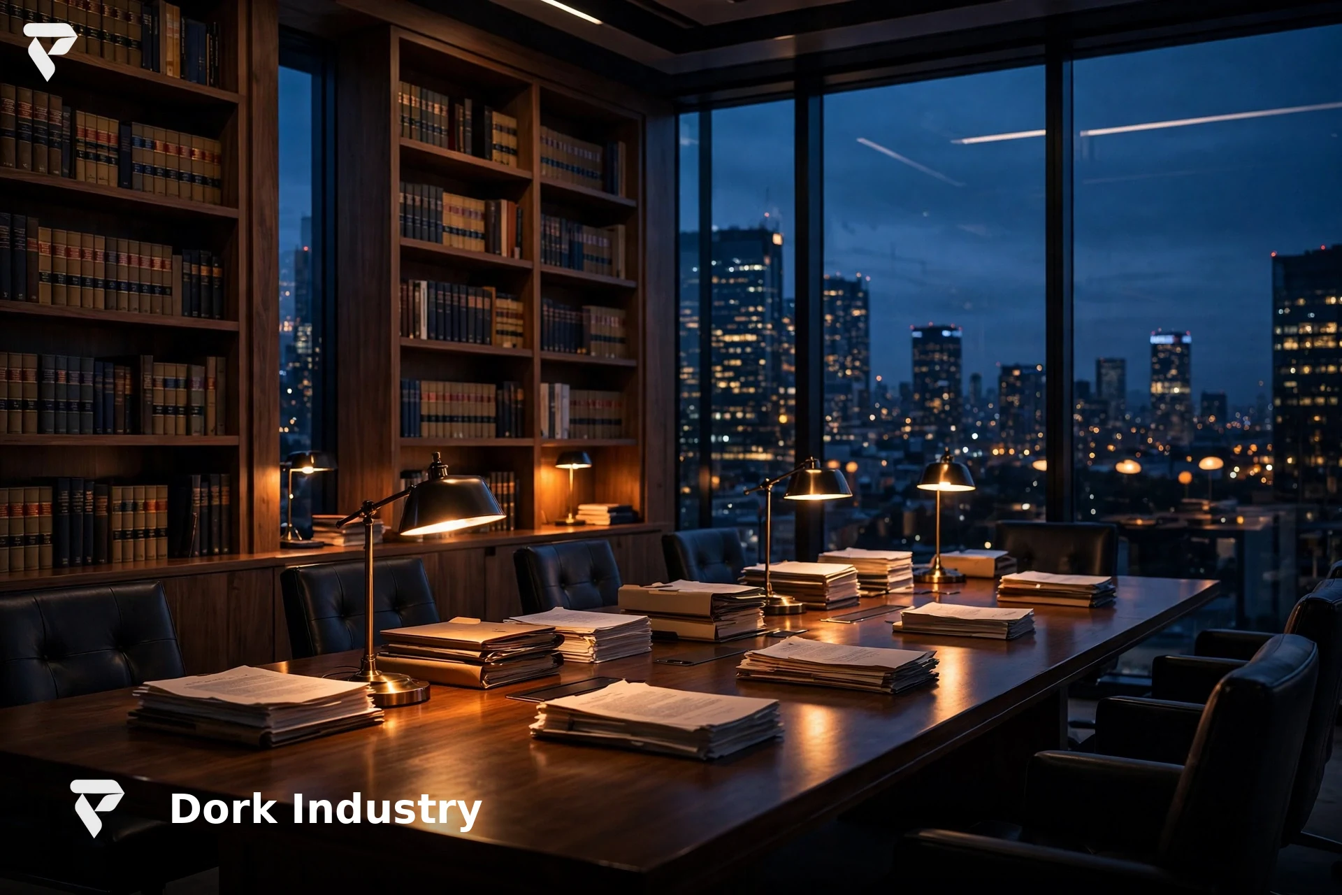 AI automation drafting law firm documents - modern law office at dusk