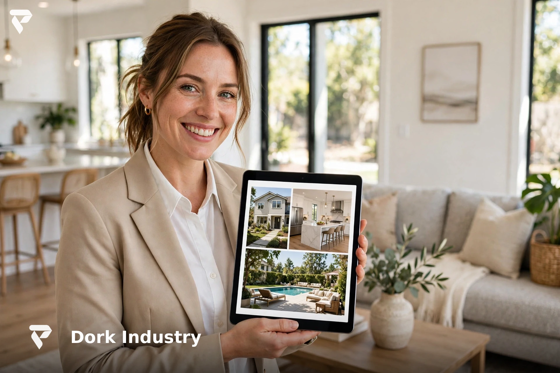 Estate agent checking property listings on a tablet in a home for sale — ai automation