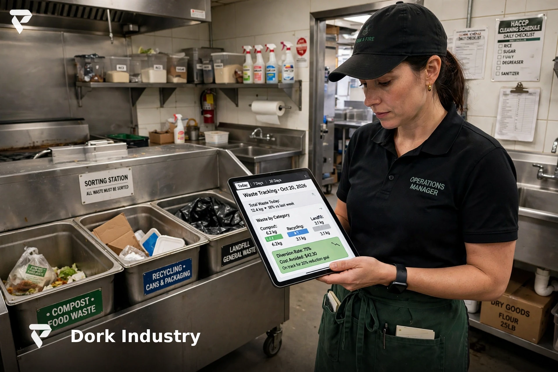 Restaurant operations manager reviewing IoT development food-waste data on a tablet in a commercial kitchen