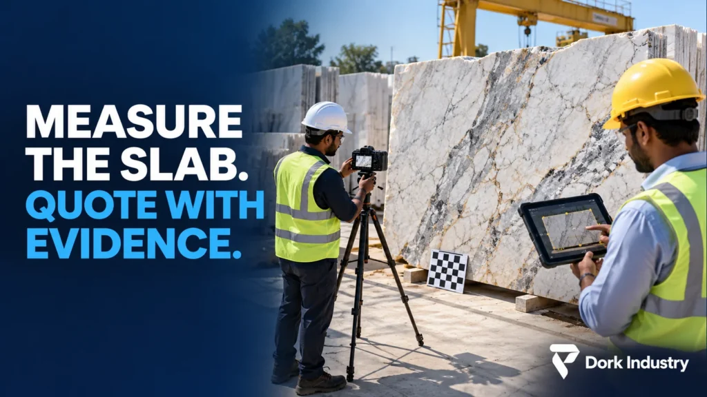 Marble slab measurement software used with a calibrated camera and tablet in an Indian stone yard
