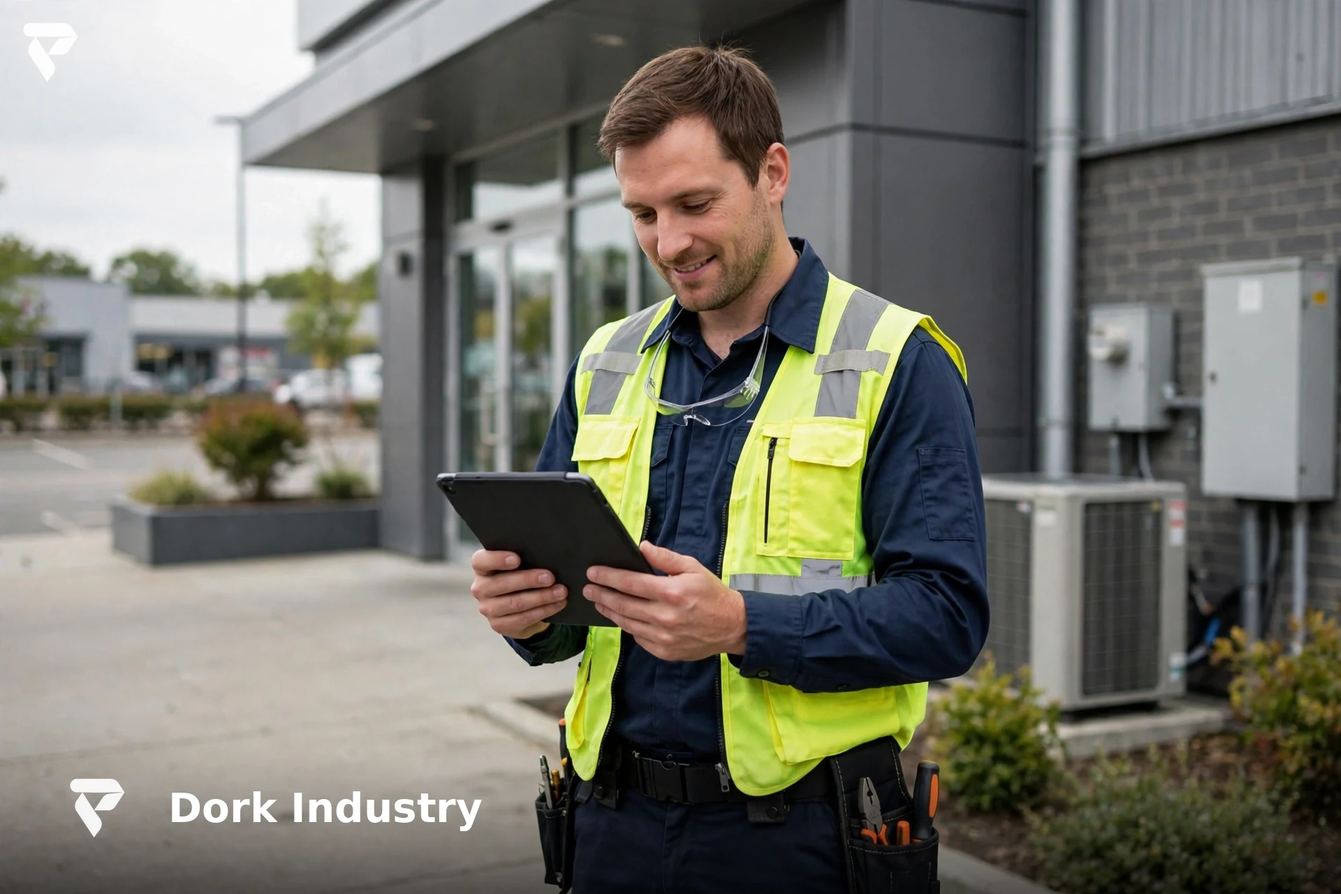Field service technician reviewing job details on a tablet at a customer site