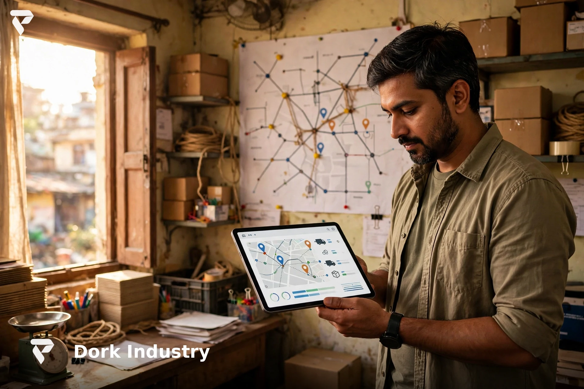 Transport business owner reviewing logistics app development fleet tracking on a tablet in a dispatch office