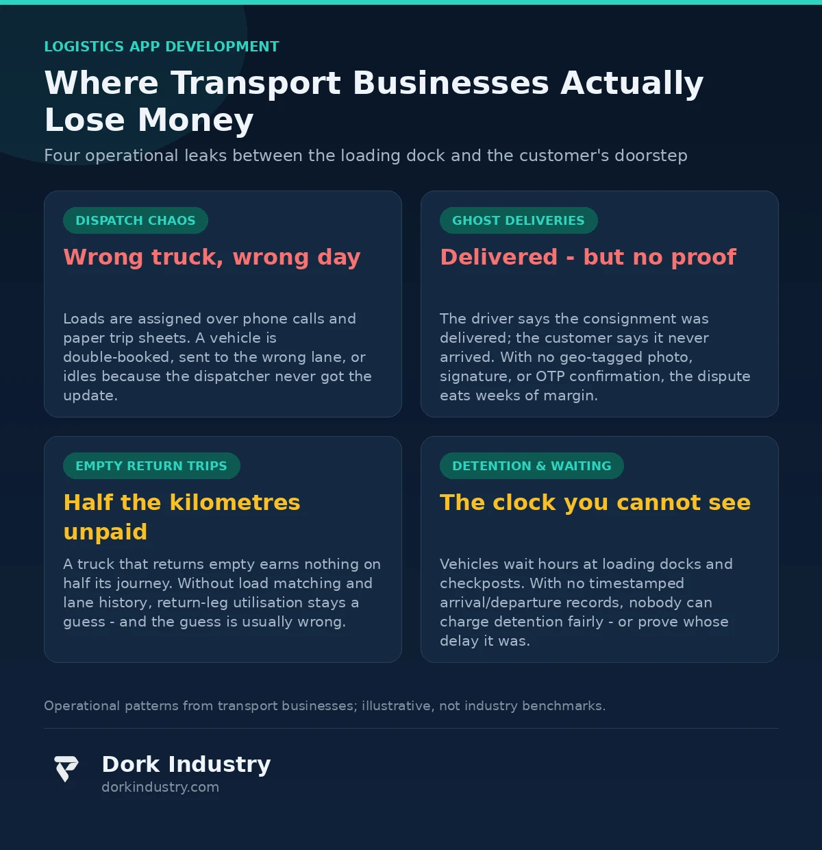 Infographic: four ways transport businesses lose money - dispatch chaos, ghost deliveries, empty return trips, detention and waiting