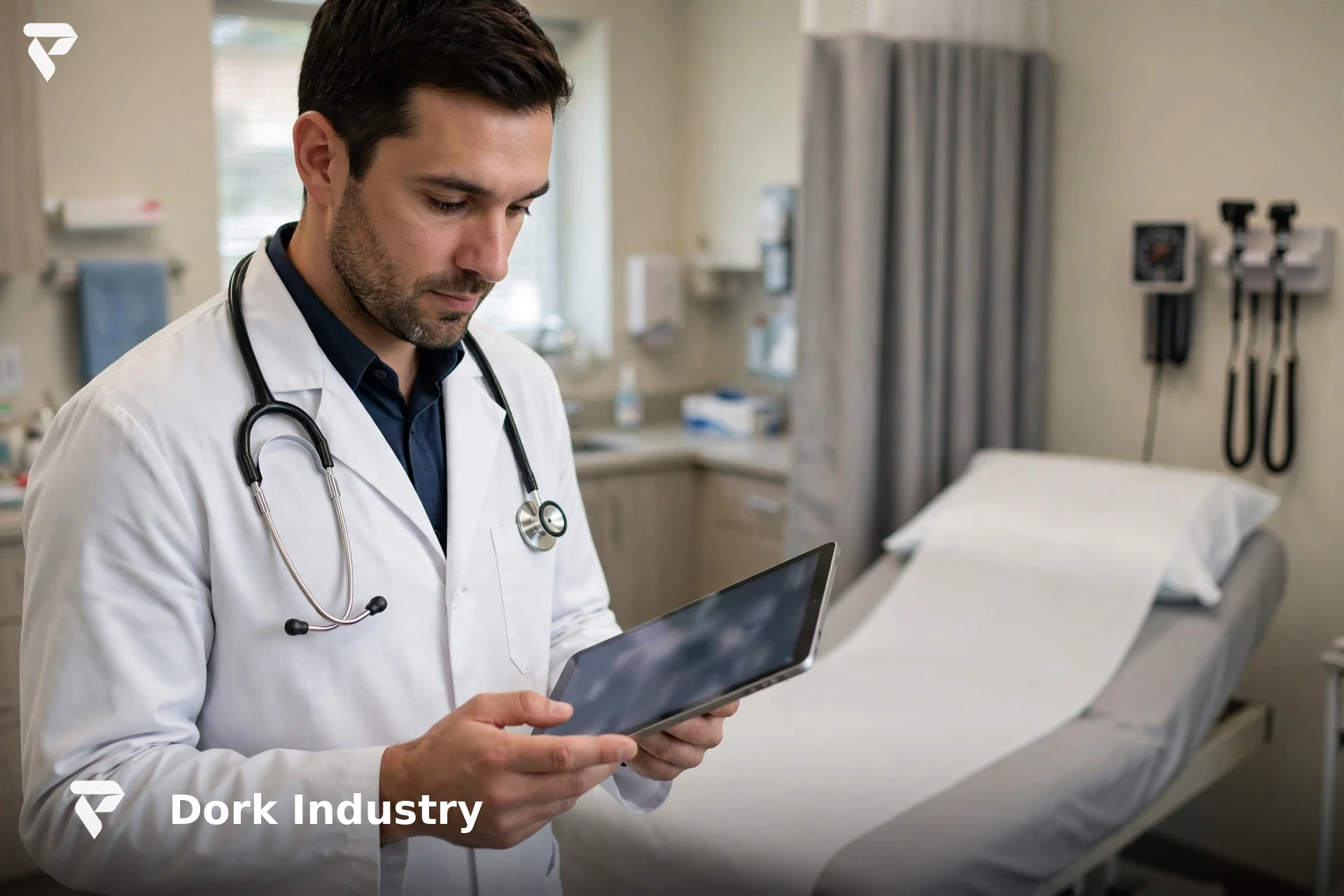 Clinic doctor reviewing a patient record on a tablet - healthcare app development for clinics