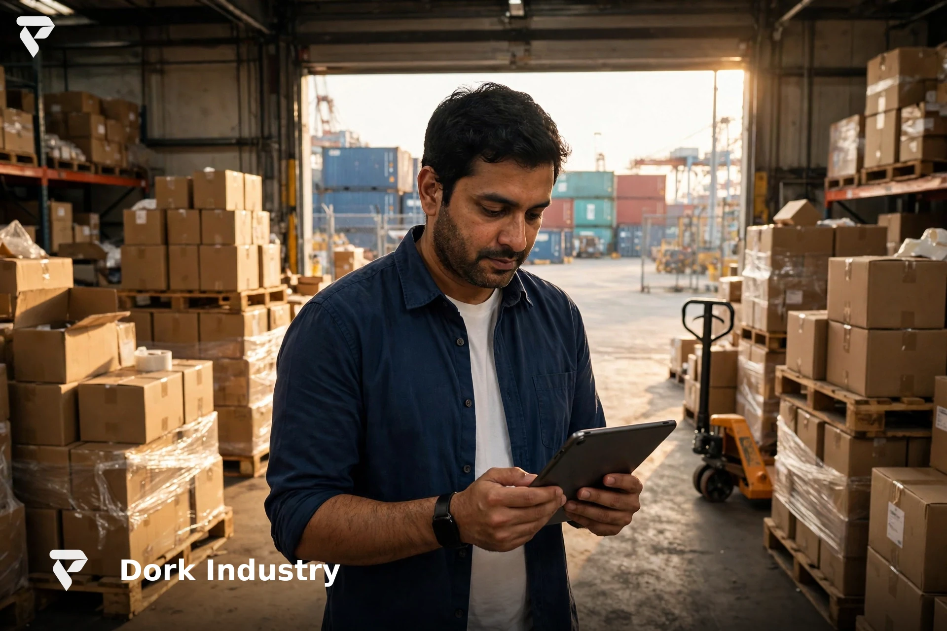 Indian export business owner checking shipping documents on a tablet in an export warehouse - custom software development for exporters