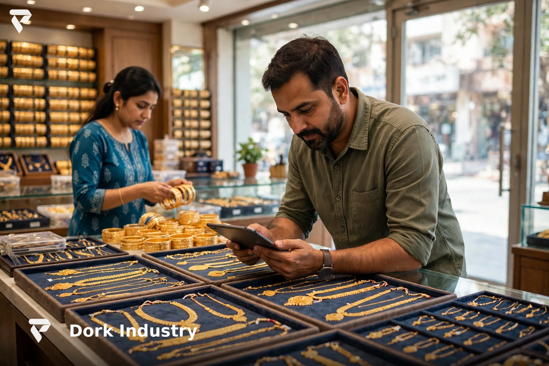 Jewellery store manager checking stock on a tablet at a counter with gold necklaces