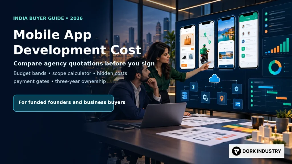 Mobile app development cost in India buyer guide showing ecommerce delivery booking backend cloud integrations and admin analytics