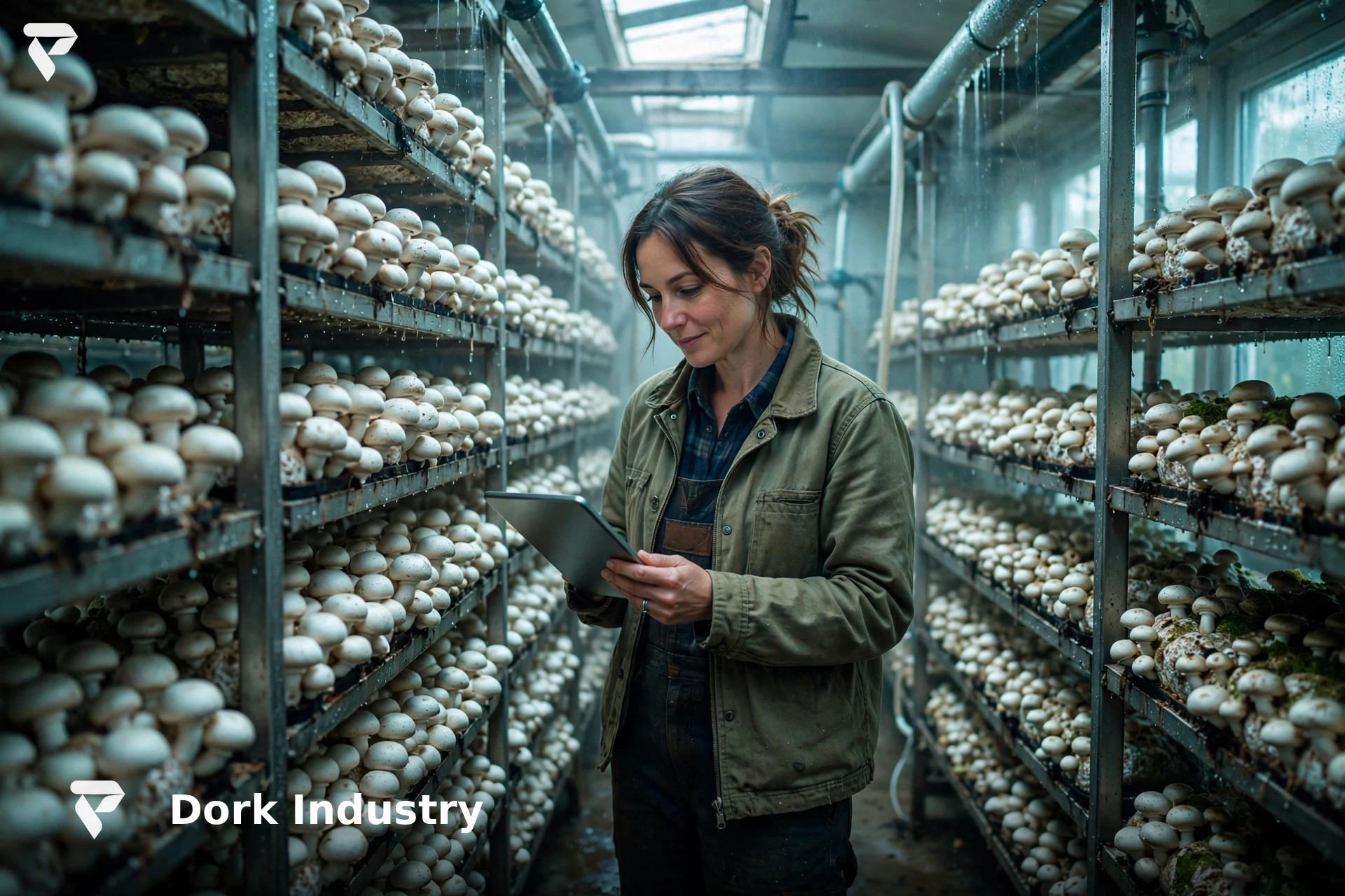 Mushroom farm owner reviewing grow room climate data on a tablet - IoT development