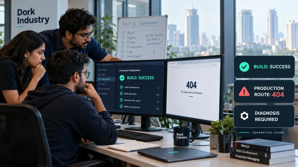 Conceptual development team diagnosing a Next.js production route returning 404 after a successful deployment