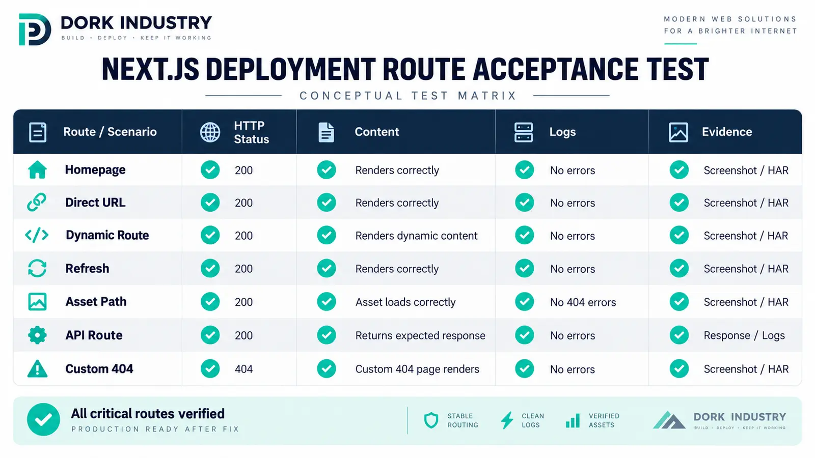Conceptual Next.js deployment route acceptance test matrix for production repair