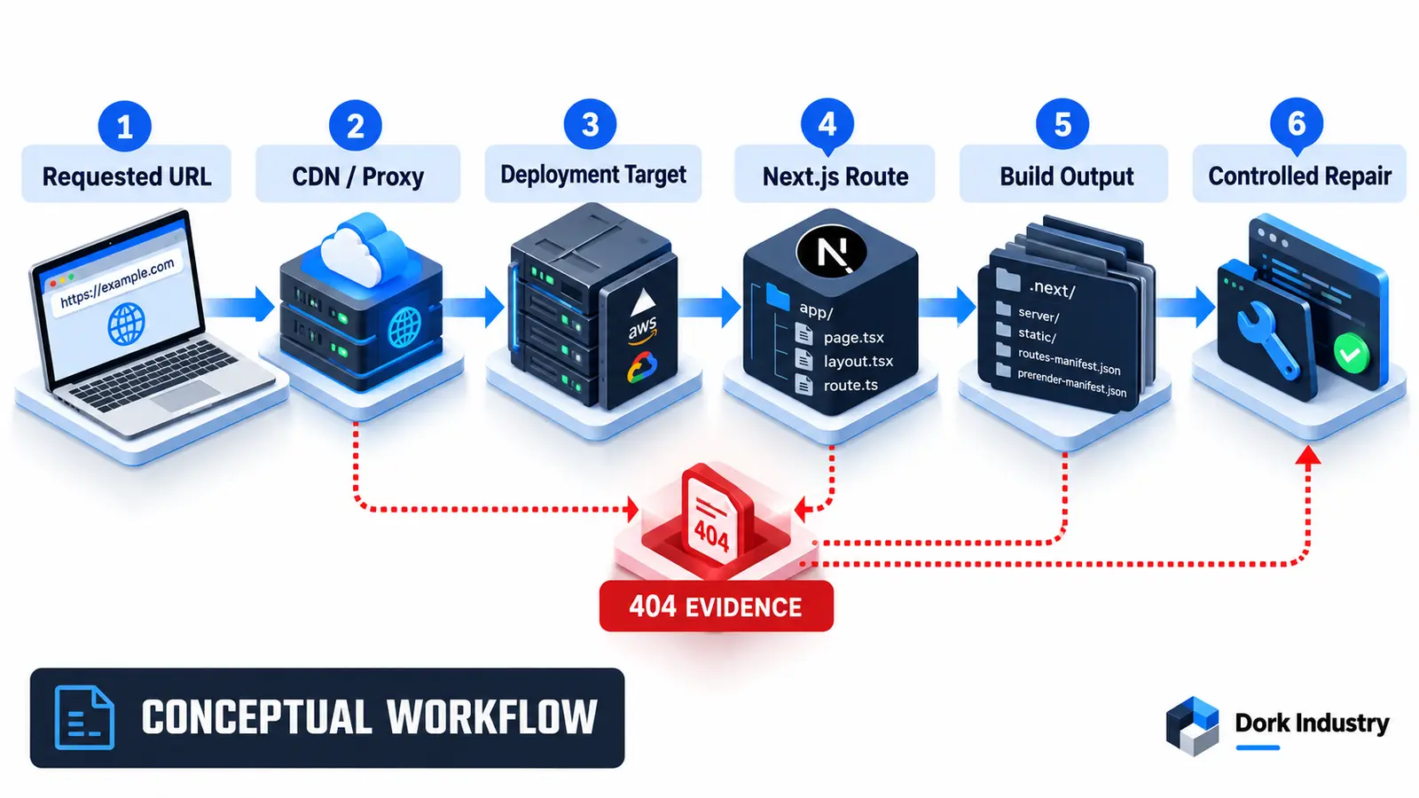 Conceptual workflow for tracing a Next.js 404 through proxy deployment routing and build output