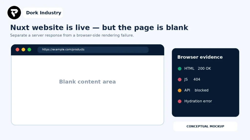 Conceptual Nuxt website blank after deployment with browser evidence panel