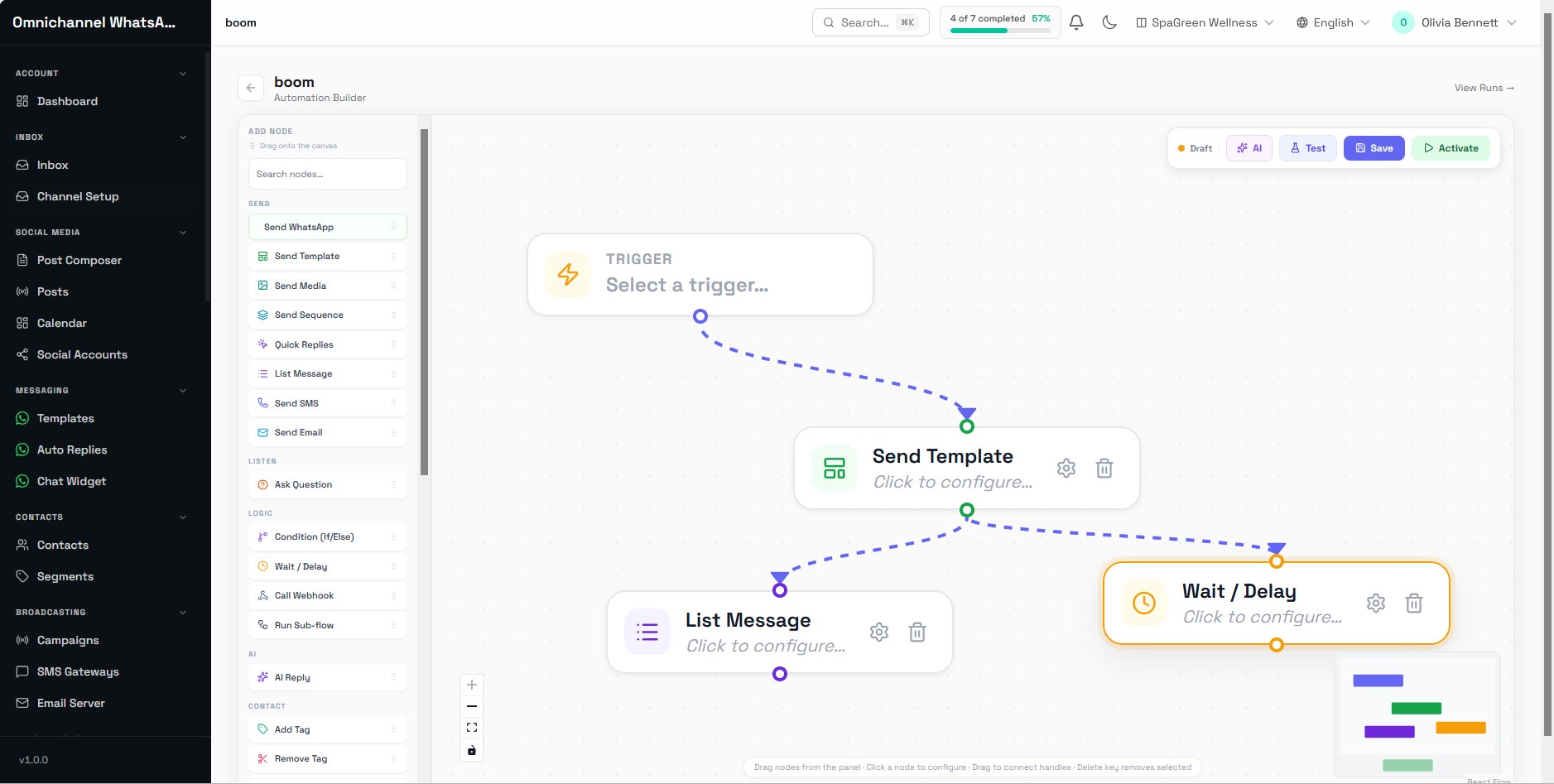 Visual automation builder for omnichannel messaging workflows