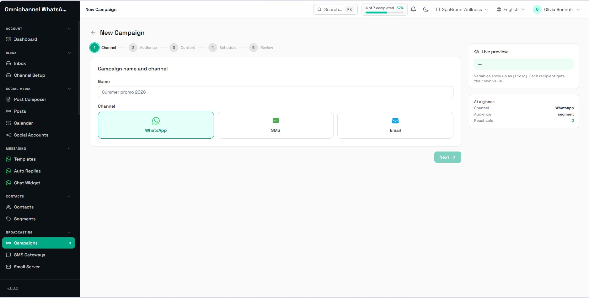 Campaign builder for WhatsApp SMS and email outreach