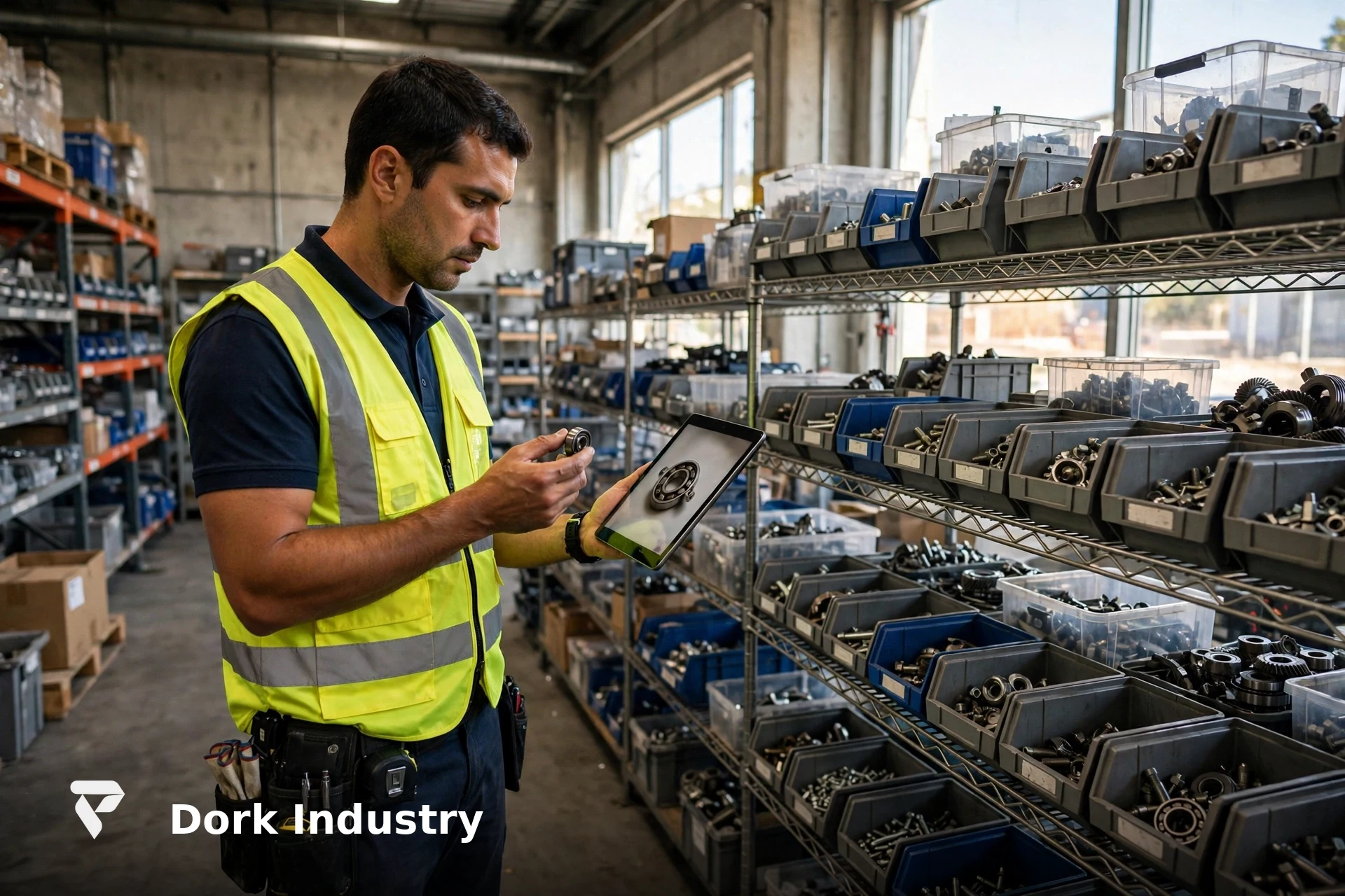 Warehouse manager checking a spare part against an order on a tablet — AI development