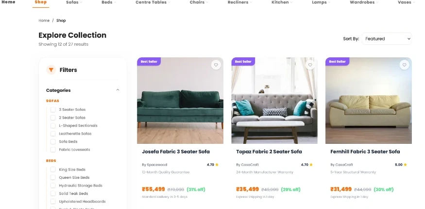 Pepperfry clone furniture catalogue with categories and filters