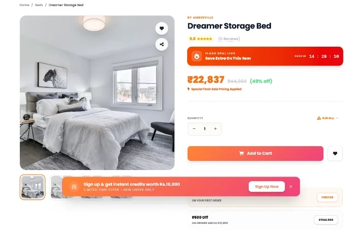 Furniture product detail with pricing and delivery information