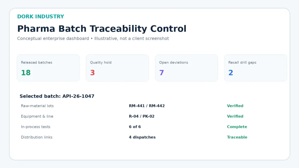 Conceptual pharma batch traceability dashboard showing released batches, quality holds, deviations and recall drill gaps.