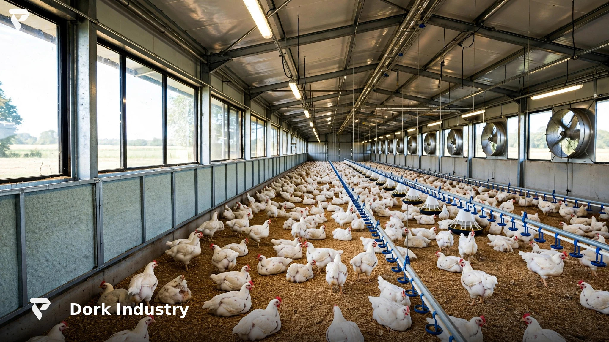 Poultry house climate control with IoT development — modern broiler shed interior with ventilation and cooling systems