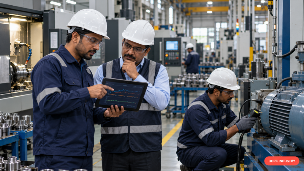 Indian manufacturing team reviewing predictive maintenance signals before a machine failure