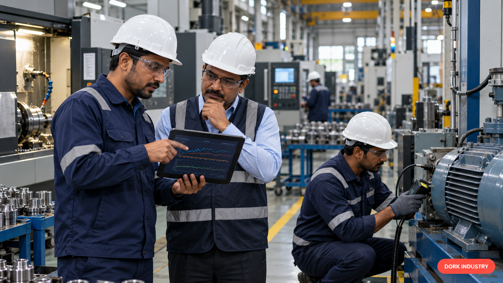 Indian manufacturing team reviewing predictive maintenance signals before a machine failure