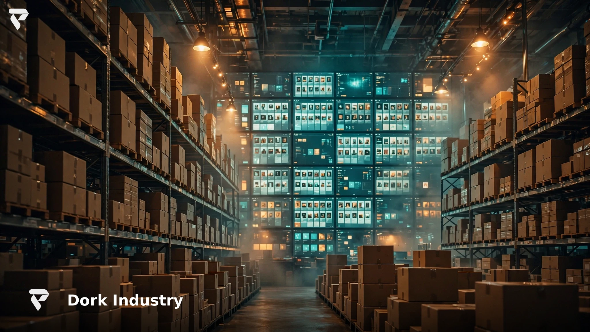 Ecommerce catalog product pages on screens in a warehouse — AI development for product content