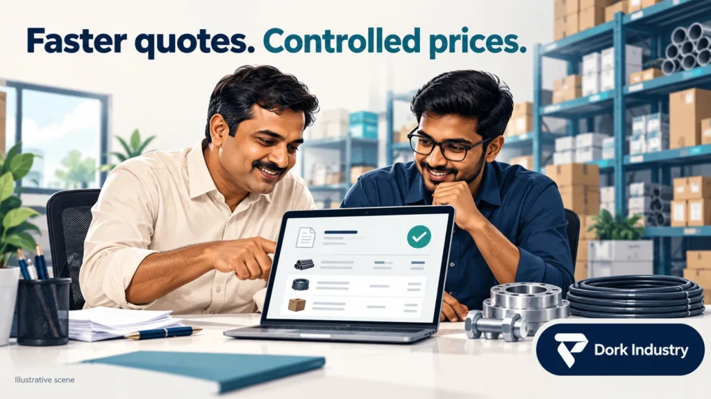 Wholesale owner reviewing quotation software with a colleague in an illustrative industrial supplies office