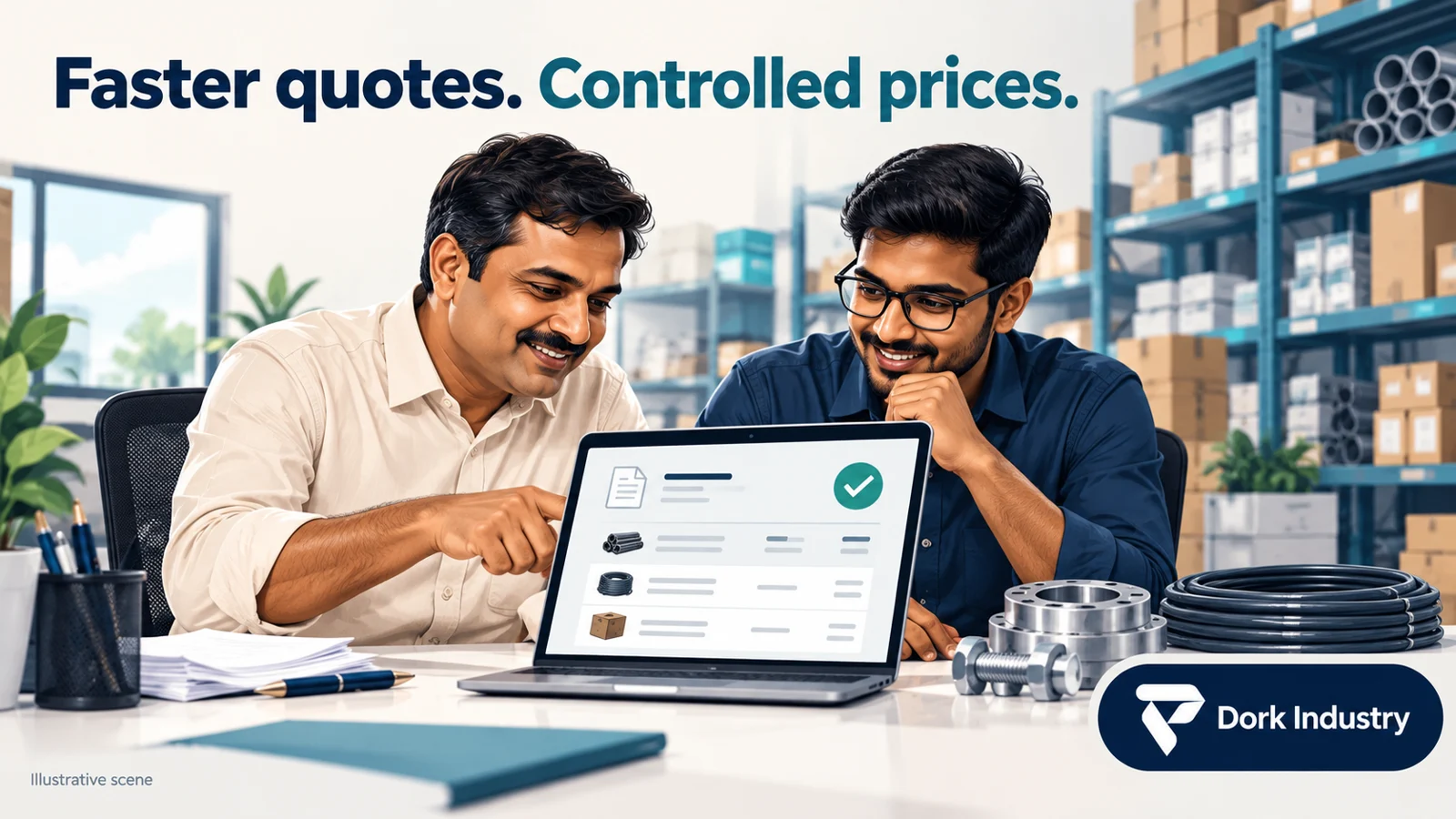 Wholesale owner reviewing quotation software with a colleague in an illustrative industrial supplies office