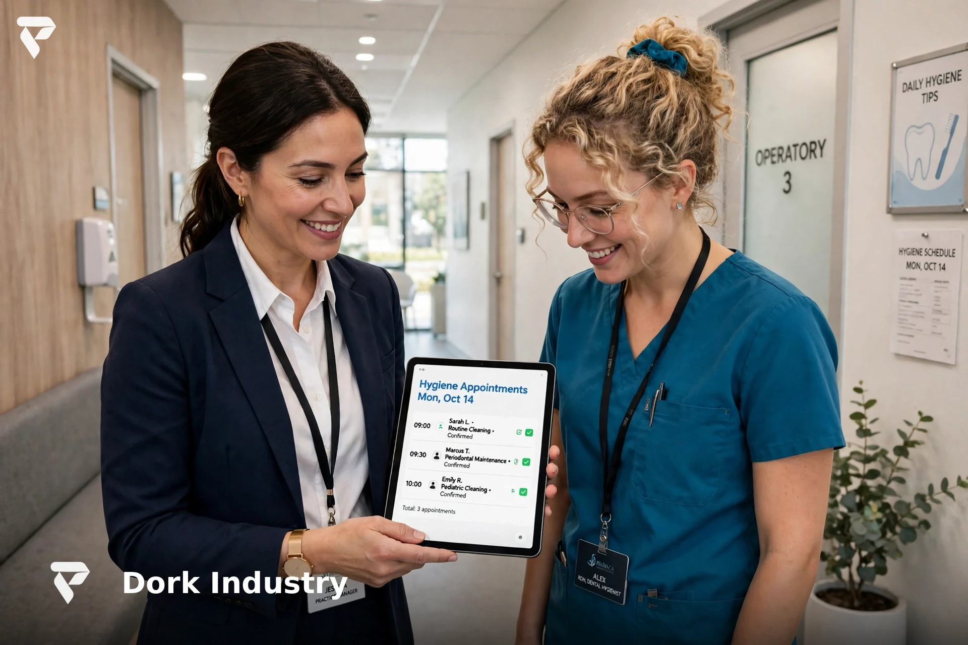 Dental practice manager with a tablet reviewing the hygiene appointment schedule with a hygienist — web development
