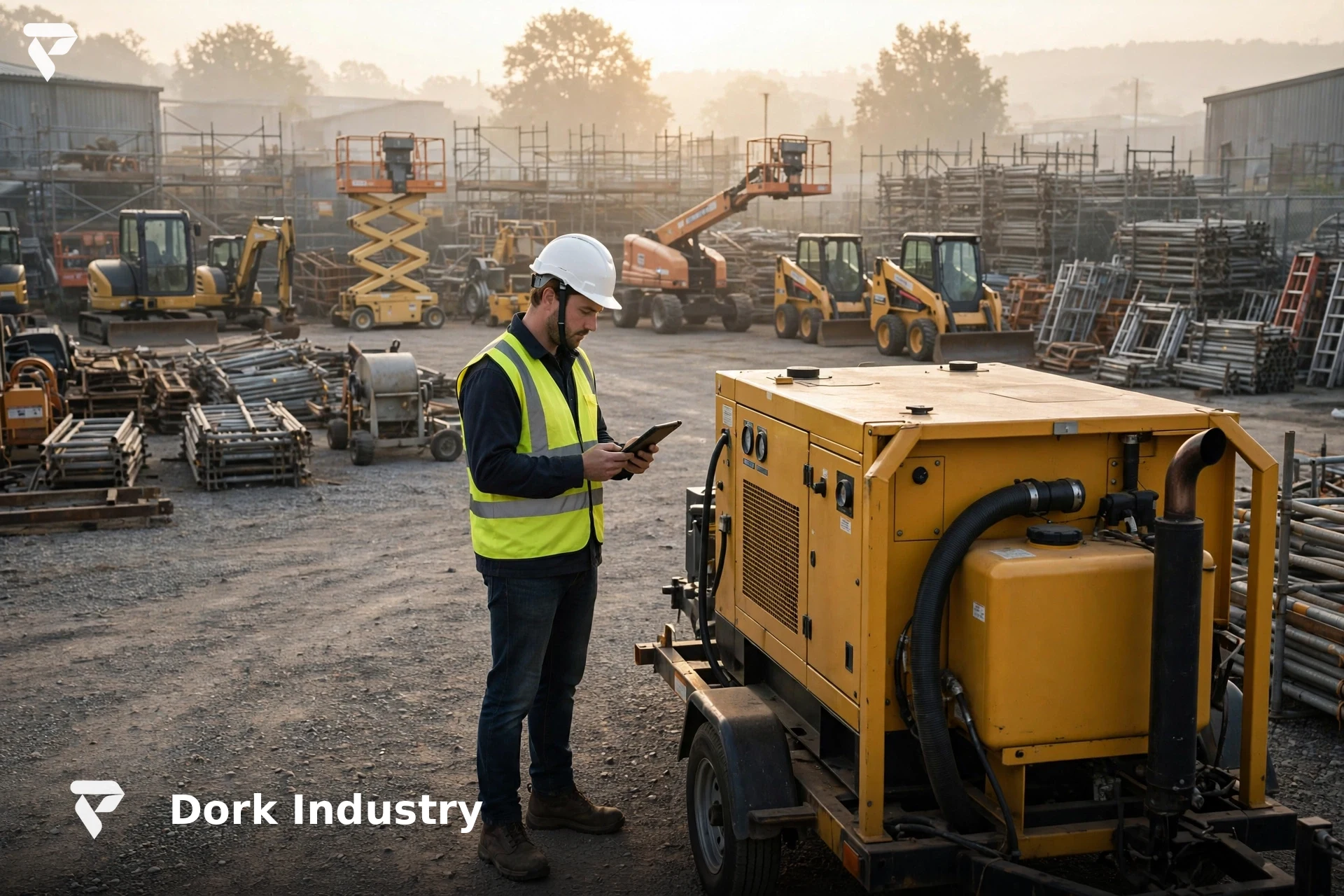 Rental equipment yard manager checking custom software development asset tracking on a tablet