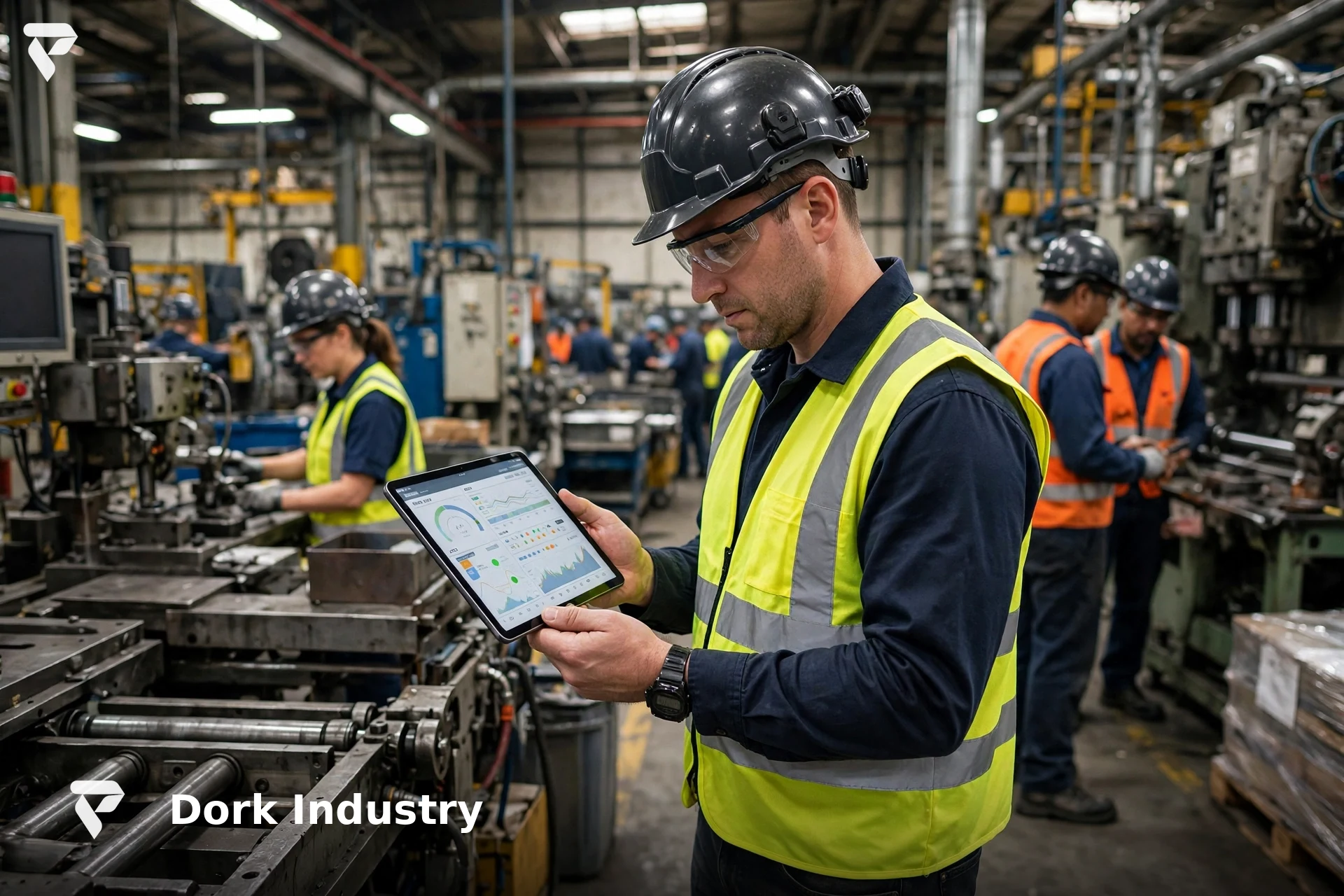 Production supervisor reviewing live machine status on a tablet during a manufacturing ERP software rollout on the shop floor