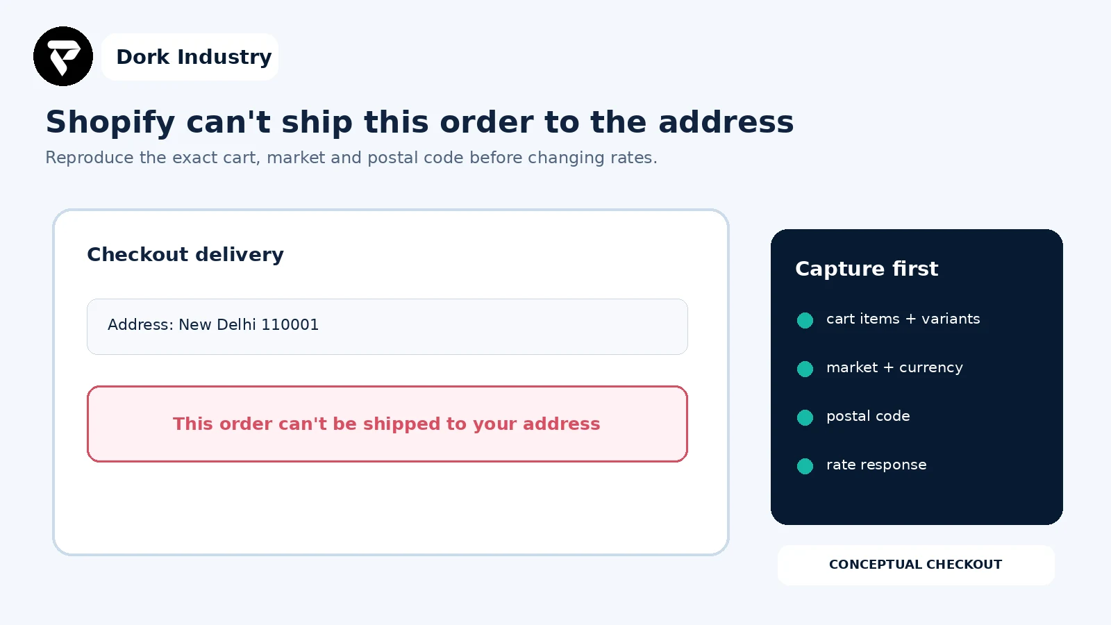 Conceptual Shopify checkout showing an order cannot be shipped to a Delhi address