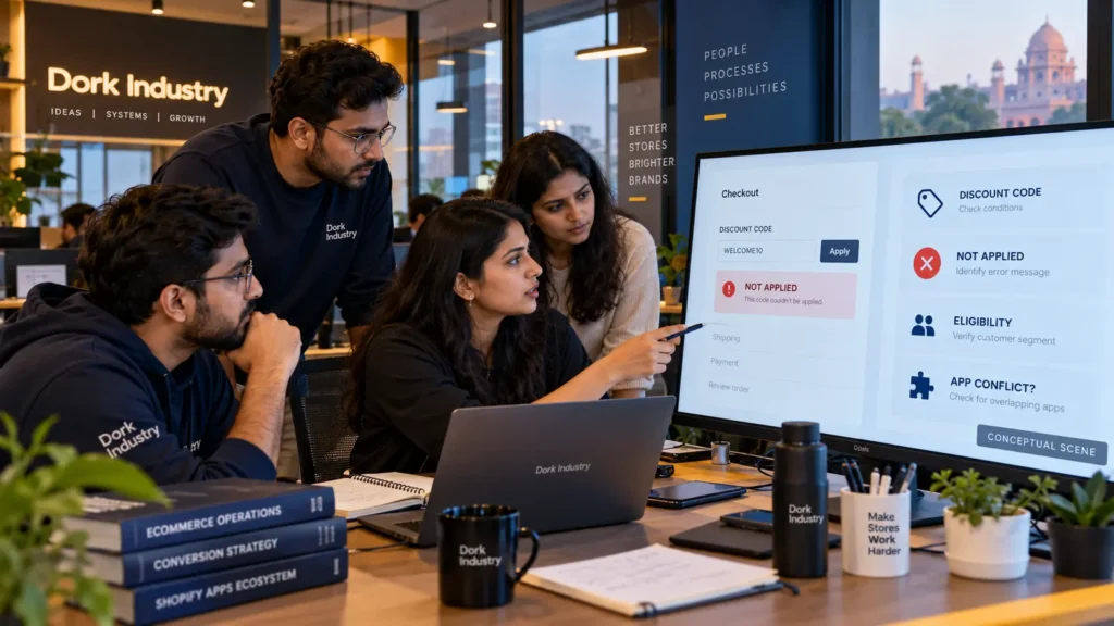 Conceptual ecommerce team diagnosing a Shopify discount code not applied at checkout