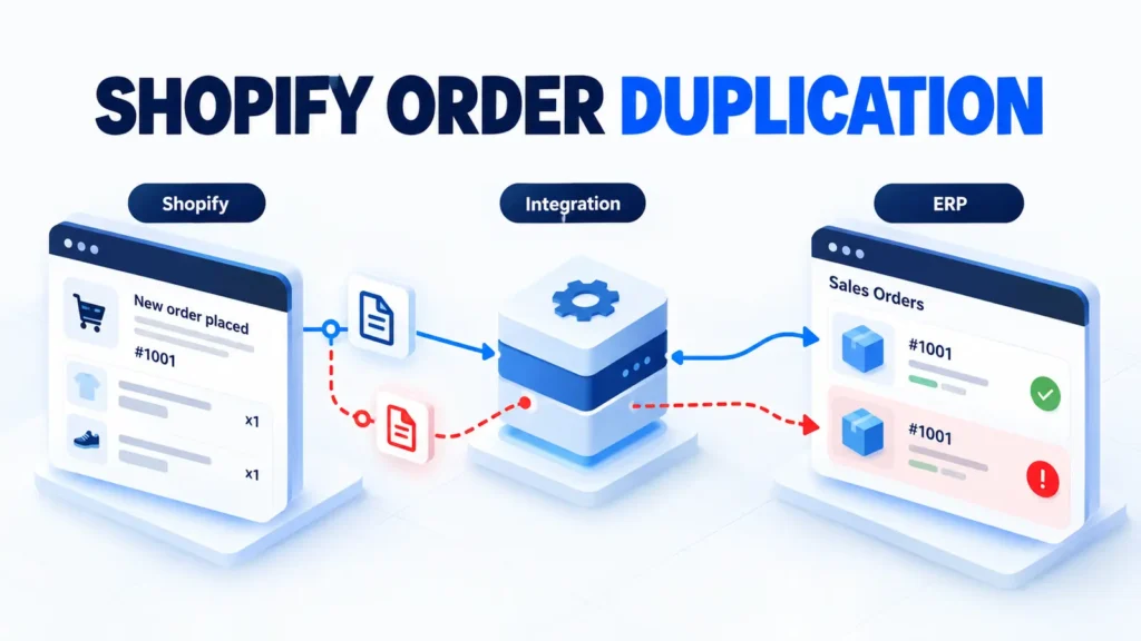 Conceptual Shopify integration showing one order event creating two downstream ERP orders