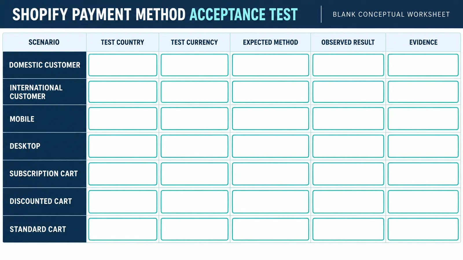 Blank conceptual Shopify payment method acceptance test worksheet