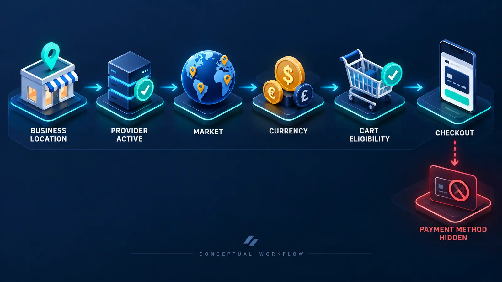 Conceptual workflow for Shopify payment method eligibility across location, market, currency and cart