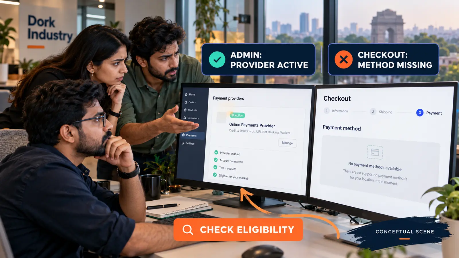 Conceptual team comparing an active Shopify payment provider with a missing checkout method